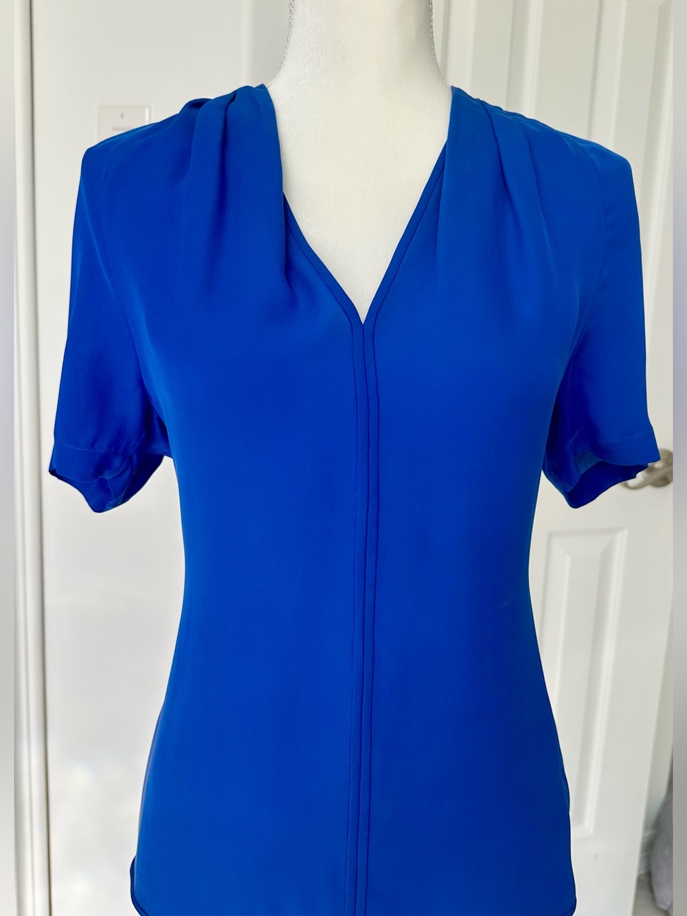 Halston Heritage Cobalt Blue Silk V-Neck Short Sleeve Blouse